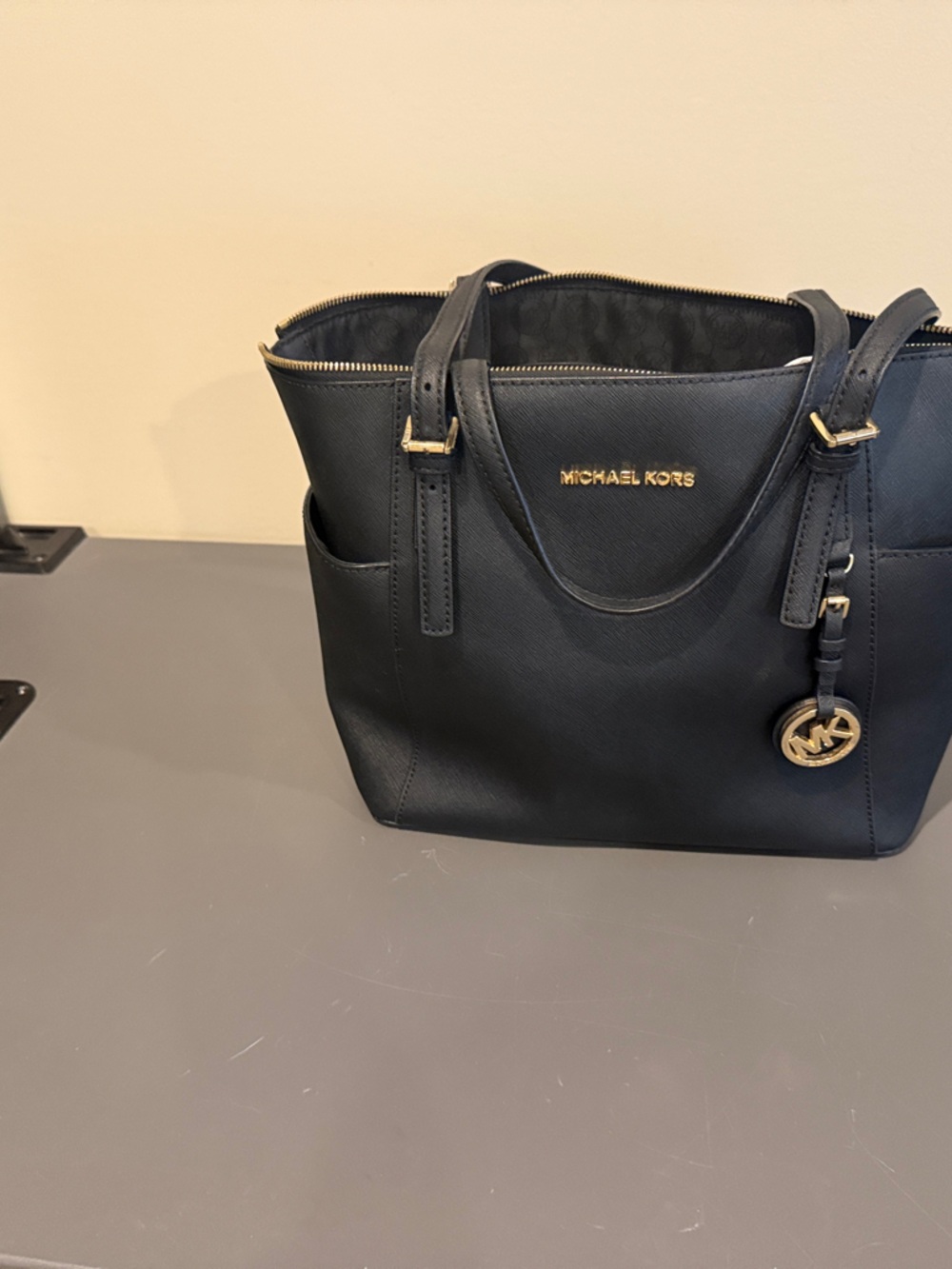MICHAEL KORS Navy Leather Tote with Gold Hardware